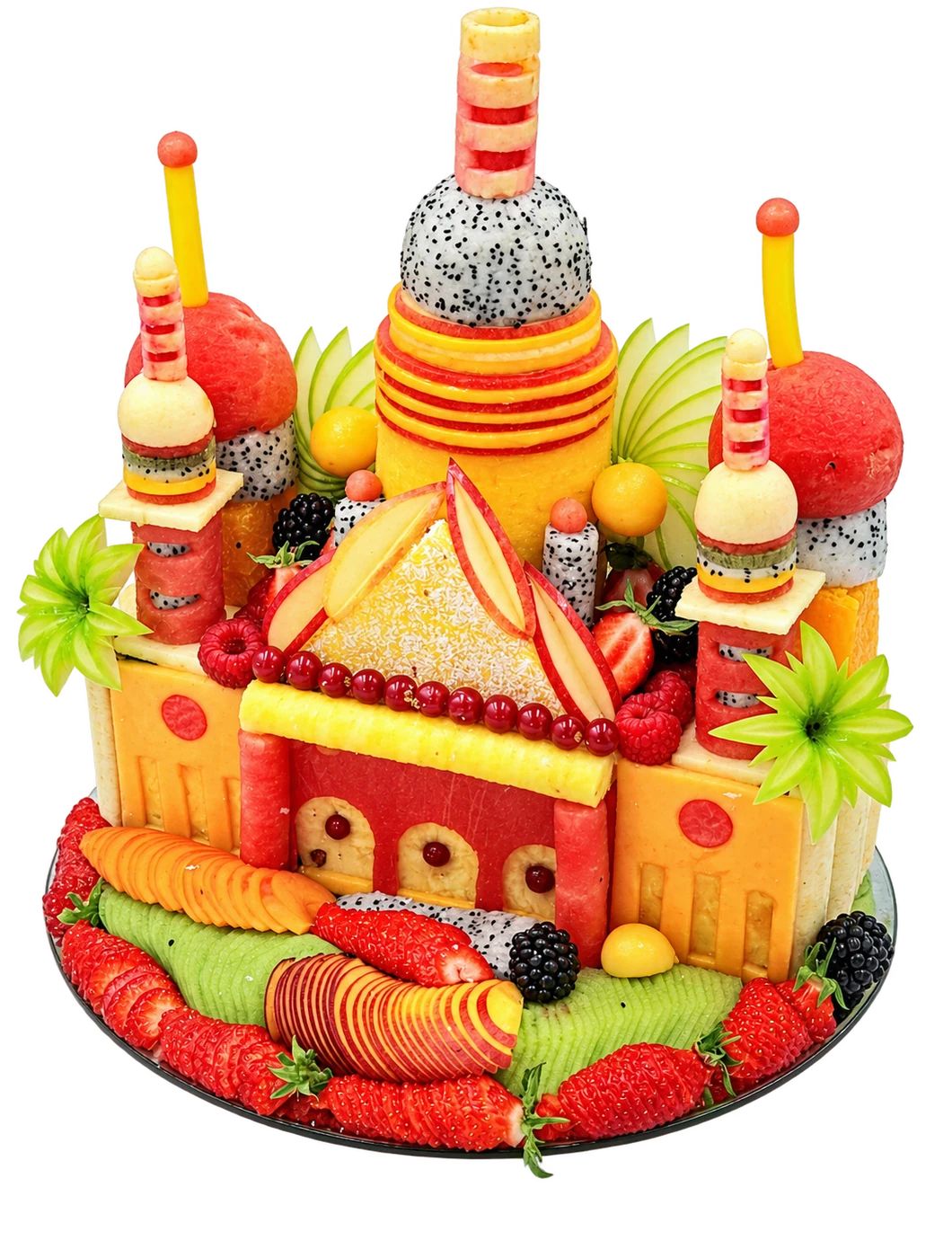 Création architecturale en fruits : tours, dômes de pastèque et de pitaya, façade d'ananas et de pastèque.
