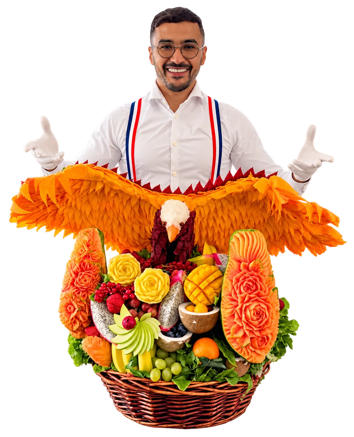 Atef Barbouche et son aigle en fruits sculptés, détourés.